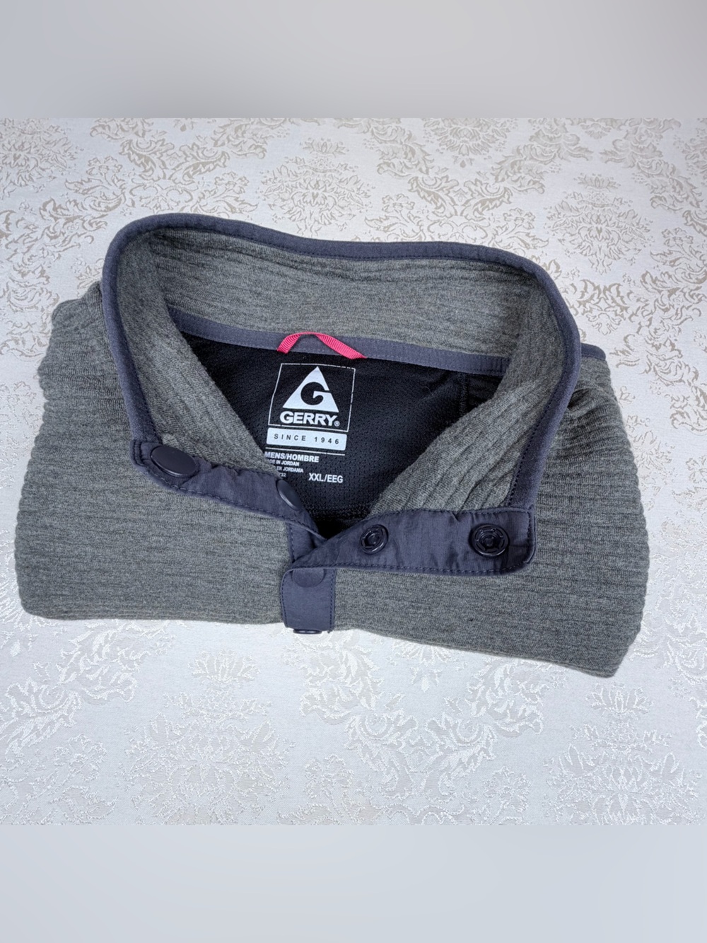 Gerry Men's Ribbed Grey Button-Neck Sweatshirt, Sweater, Kangaroo Pocket, XXL